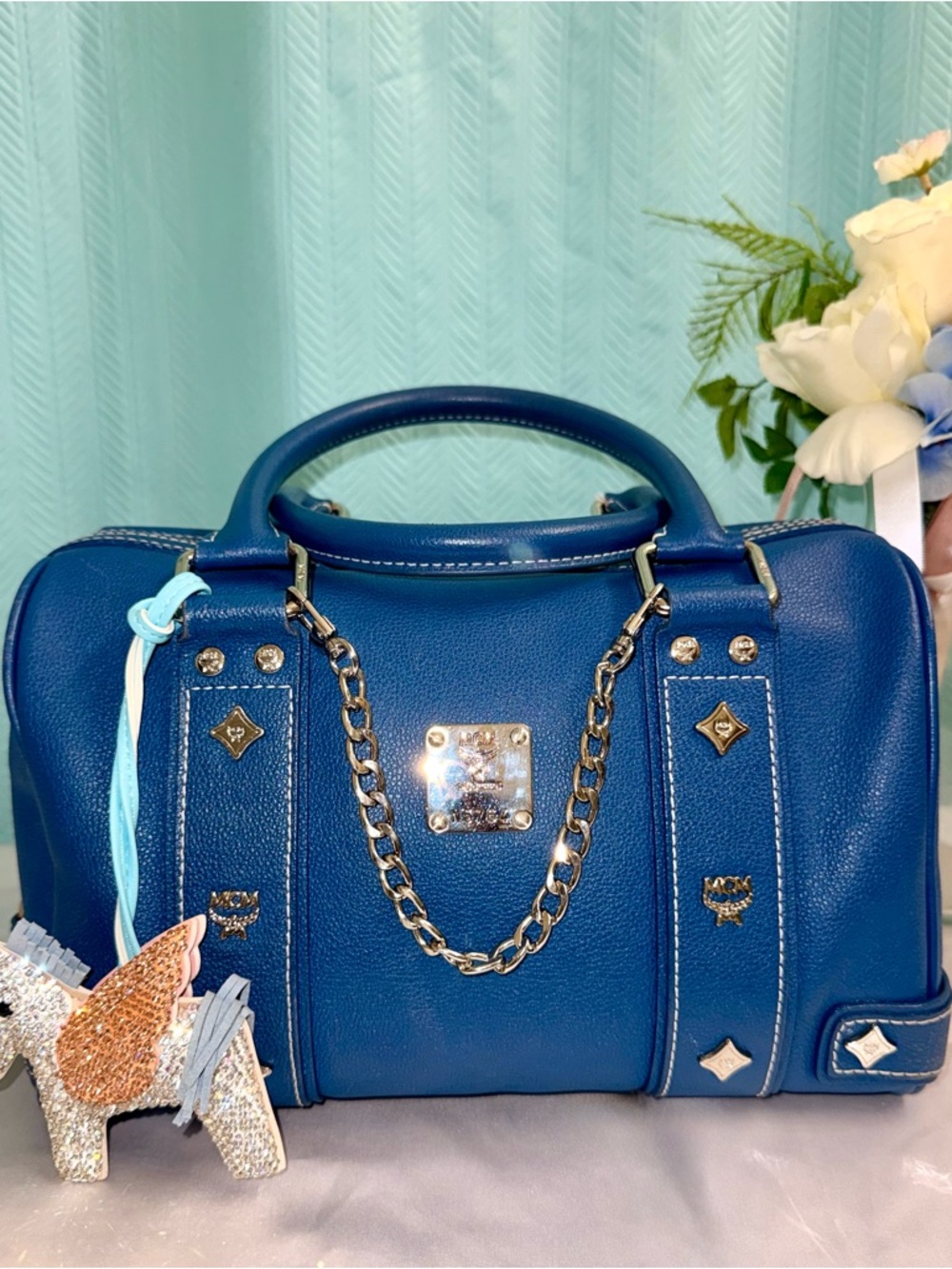 Like New - MCM Blue Leather Boston Satchel - Picture 3 of 8